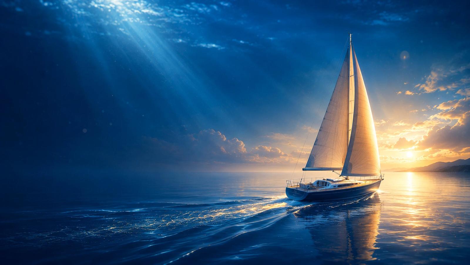 A sailboat under way on open water at first light